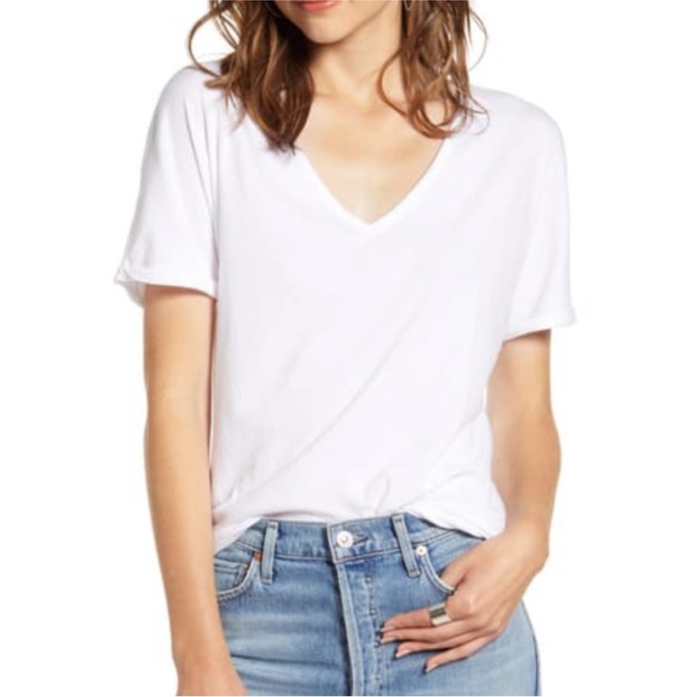 Frank & Eileen Tee Lab Deep V Neck Short Sleeve Tee, White, Size Small